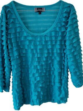 Slinky Brand Blue Ruffle 3/4 Sleeve Blouse